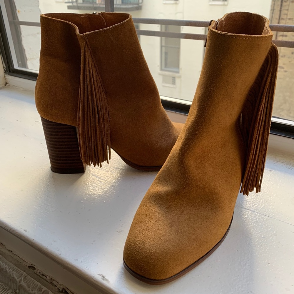 Suede Leather Fringe Block Heel Booties